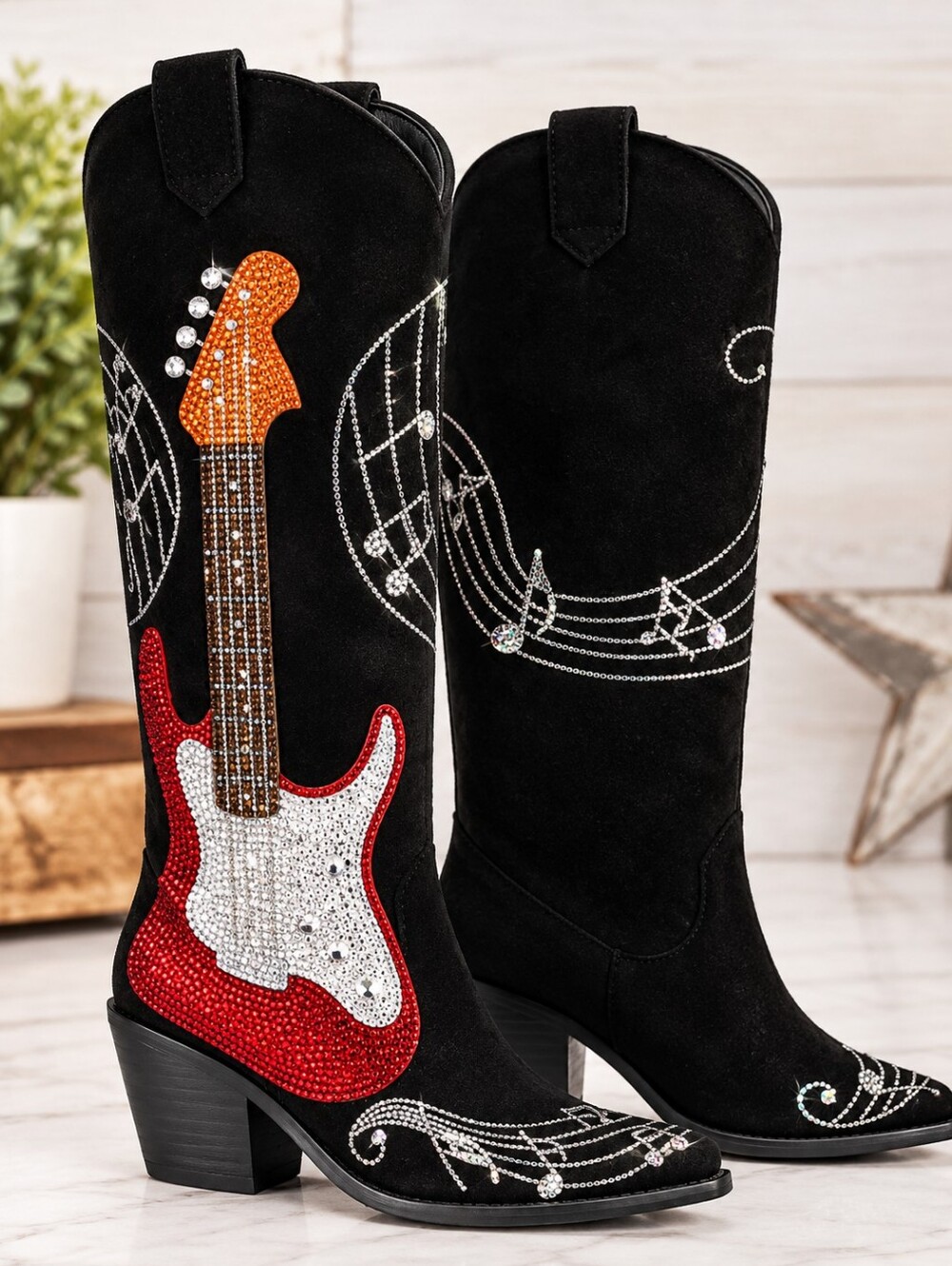 Guitar Embellished Black and Red Heeled Boots